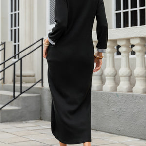 Slit V-Neck Long Sleeve Midi Dress