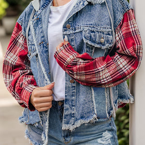 Raw Hem Drawstring Plaid Denim Jacket