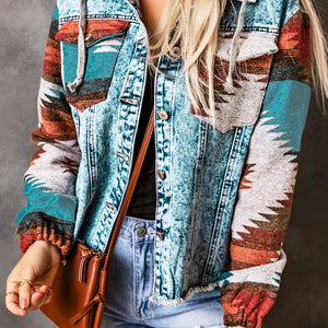 Drawstring Hooded Pocketed Denim Jacket