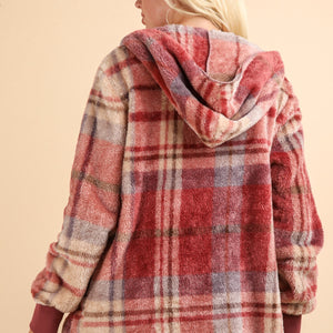 VERY J Fuzzy Plaid Long Sleeve Hooded Jacket