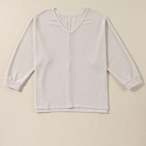 Waffle-Knit Slit V-Neck Long Sleeve Blouse