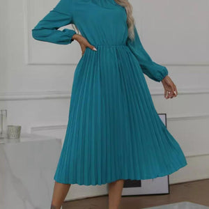 Mock Neck Long Sleeve Pleated Dress