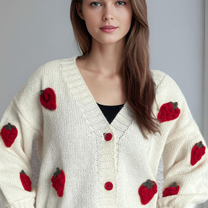 Crochet Strawberry V-Neck Long Sleeve Cardigan