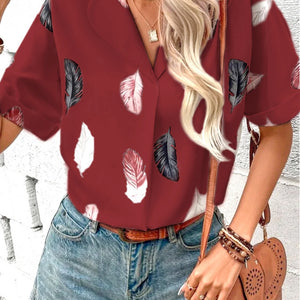 Full Size Printed Collared Neck Short Sleeve Blouse