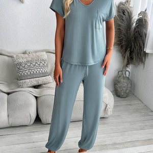 Devine V-Neck Short Sleeve Top and Pants Set