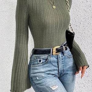 Ribbed Round Neck Flare Sleeve T-Shirt