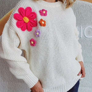 Crochet Flower Round Neck Dropped Shoulder Sweater