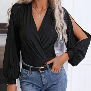 Surplice Slit Long Sleeve Bodysuit