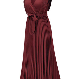 Tied Surplice Cap Sleeve Pleated Dress