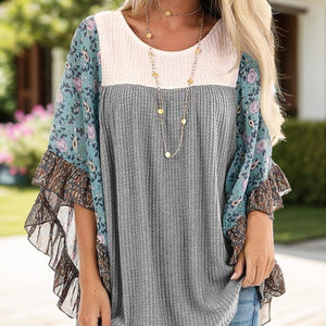 Full Size Printed Round Neck Three-Quarter Sleeve Blouse