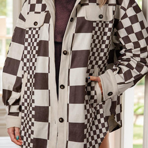 Pocketed Checkered Button Up Long Sleeve Jacket