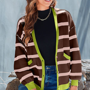 Striped Button Up Long Sleeve Cardigan