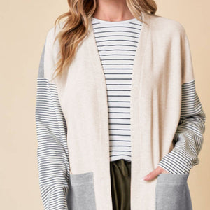 Open Front Long Sleeve Striped Cardigan with Pockets