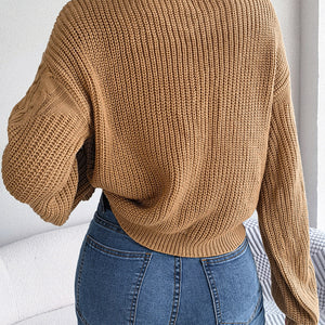 Cable-Knit Round Neck Drop Shoulder Sweater