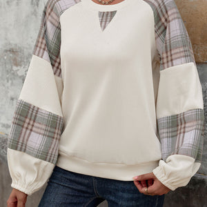 Perfee Plaid Round Neck Long Sleeve Sweatshirt