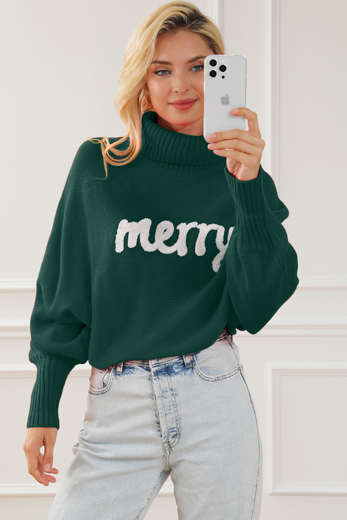 Merry Letter Embroidered High Neck Sweater