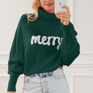 Merry Letter Embroidered High Neck Sweater