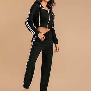 Perfee Drawstring Side Stripe Zip Up Hooded Top and Pants Set