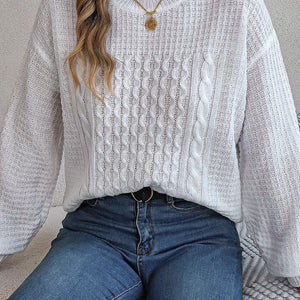 Cable-Knit Round Neck Long Sleeve Sweater