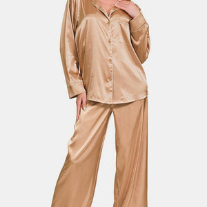 Zenana Satin Long Sleeve Shirt and Pants Pajama Set