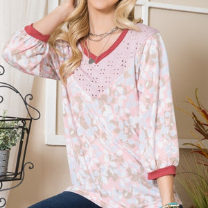 Celeste Full Size Leaf Print Contrast Trim Balloon Sleeve Top