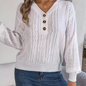 Cable-Knit V-Neck Long Sleeve Sweater