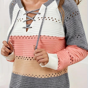 Lace-Up Contrast Long Sleeve Hooded Sweater