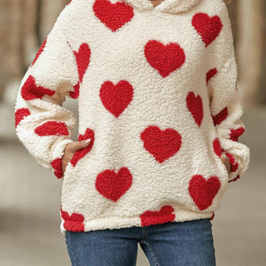 Fuzzy Heart Pocketed Dropped Shoulder Hoodie