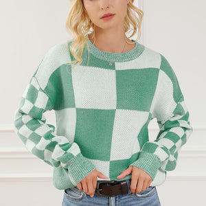 Checkered Drop Shoulder Long Sleeve Sweater