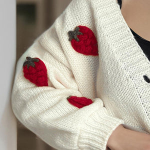 Crochet Strawberry V-Neck Long Sleeve Cardigan