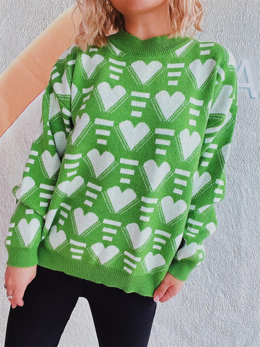 Heart Contrast Long Sleeve Dropped Shoulder Sweater