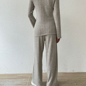 Ribbed V-Neck Long Sleeve Top and Pocketed Pants Set