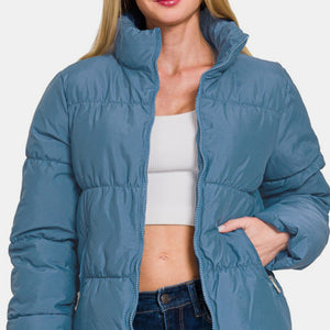 Zenana Zip Up Turtleneck Puffer Jacket with Pockets