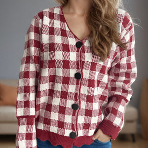 Plaid V-Neck Button Up Cardigan