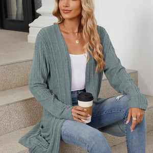 Pocketed Open Front Long Sleeve Cardigan