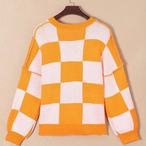 Pumpkin Checkered Round Neck Long Sleeve Sweater