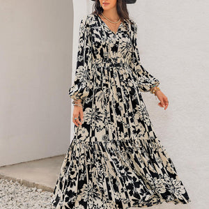 Smocked Printed Tie Neck Long Sleeve Dress