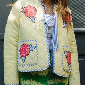 Embroidered Flower Tied Long Sleeve Winter Coat