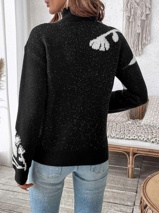 Perfee Flower Mock Neck Long Sleeve Sweater