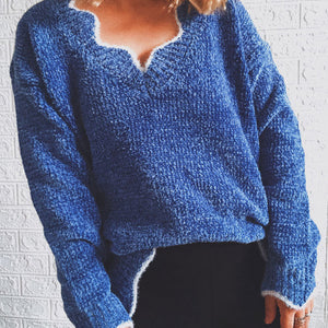 Notched Dropped Shoulder Long Sleeve Sweater