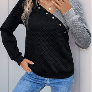 Perfee Decorative Button Contrast Long Sleeve Sweatshirt