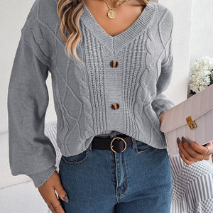 Cable-Knit Buttoned V-Neck Sweater