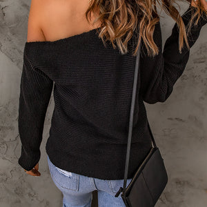 Double Take Horizontal Ribbing One-Shoulder Sweater