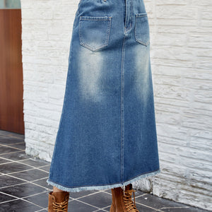 Raw Hem Buttoned Denim Skirt with Pockets