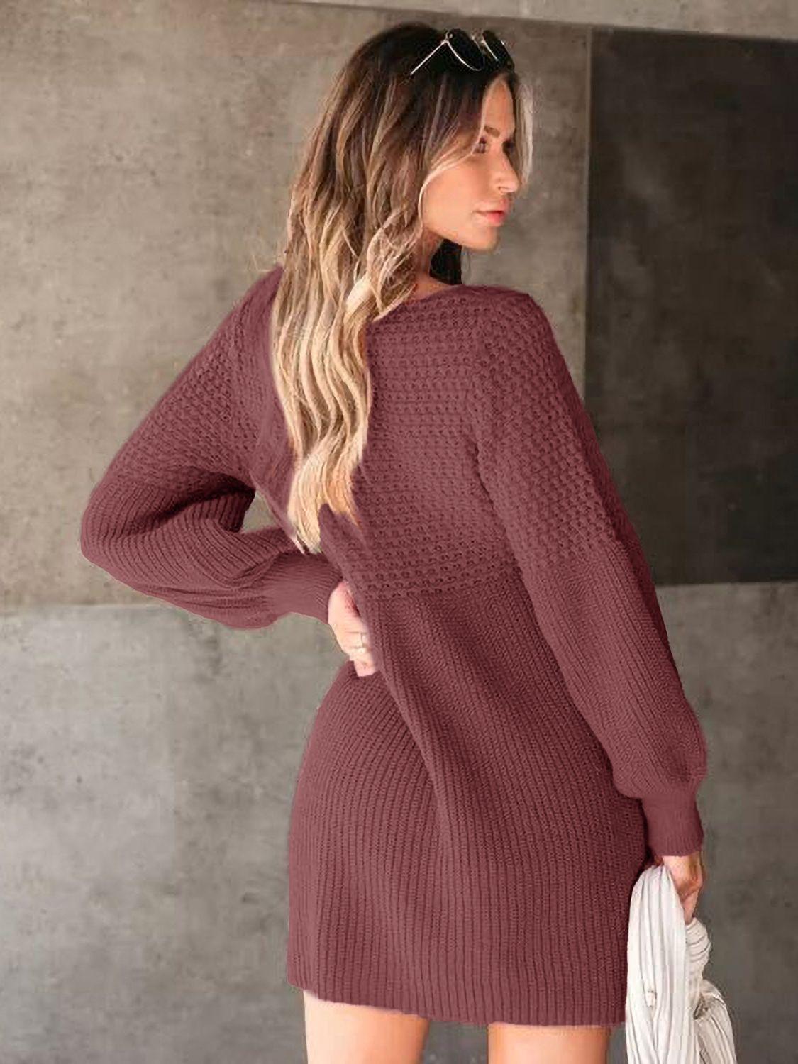 Perfee V-Neck Long Sleeve Sweater Dress