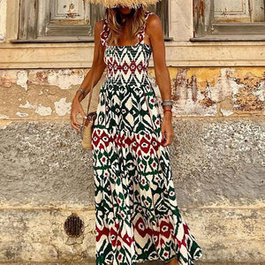 Smocked Printed Square Neck Sleeveless Dress