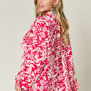 Double Take Full Size Printed Ruffle Trim Balloon Sleeve Shirt