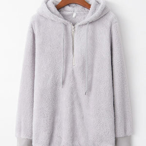 Full Size Quarter-Zip Drawstring Teddy Hoodie