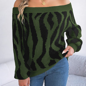 Off-Shoulder Animal Print Long Sleeve Sweater