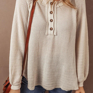 Waffle-Knit Half Button Round Neck Long Sleeve Top